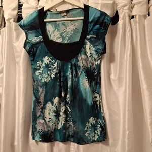 Dynamite Teal and Black Floral Blouse Lg